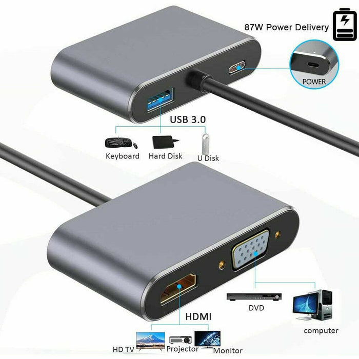 USB C to 4K HDMI VGA Multiport Adapter 4-in-1 Hub USB 3.0 Charging Power PD Port - Battery Mate