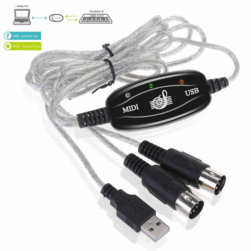 USB IN-OUT MIDI Interface Cable Converter PC to Music Keyboard Adapter Cord - Battery Mate