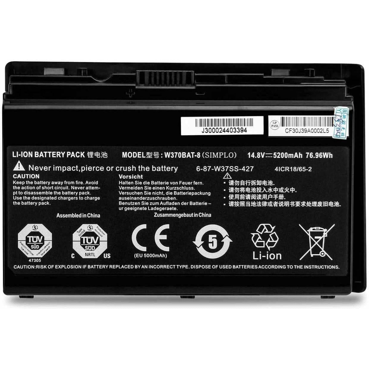 Batterie Ordinateur Portable BLESYS W370BAT-8 - 14.8V 5200mAh - Compatible Clevo W370ET, Sager NP6370, Hasee K650S-i7, Etc.